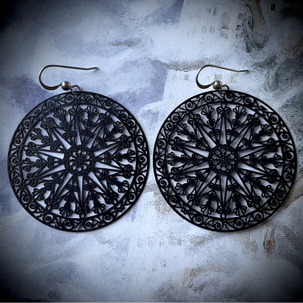 Gothic Cathedral Window Rosette Black Earrings